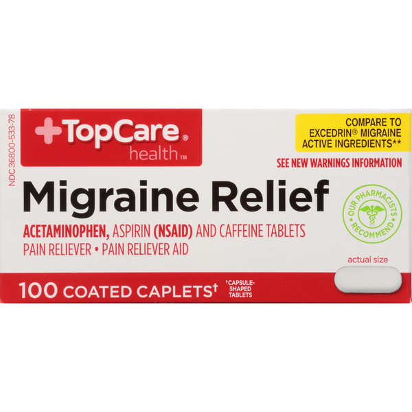 Feminine Care TopCare Migraine Relief Acetaminophen Pain Reliever, Aspirin (Nsaid) And Caffeine Pain Reliever Aid Coated Caplets hero