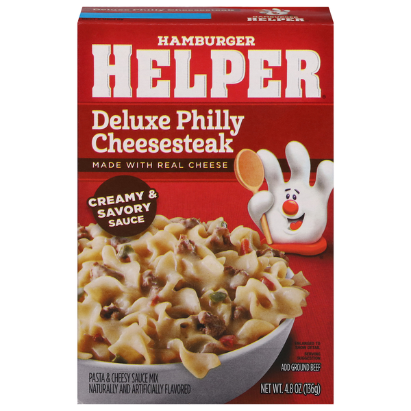 Prepared Meals Hamburger Helper Pasta & Cheesy Sauce Mix, Deluxe Philly Cheesesteak hero