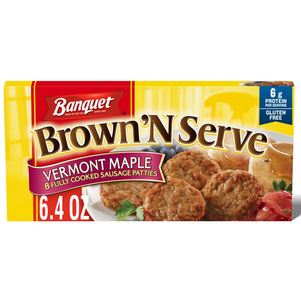 Frozen Breakfast Banquet Brown ‘N Serve Vermont Maple Fully Cooked Sausage Patties hero