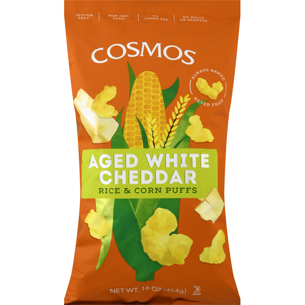 Chips & Pretzels Cosmos Food Co. Rice & Corn Puffs, Aged White Cheddar hero