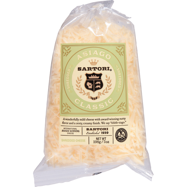 Packaged Cheese Sartori Cheese, Shredded, Asiago, Classic hero