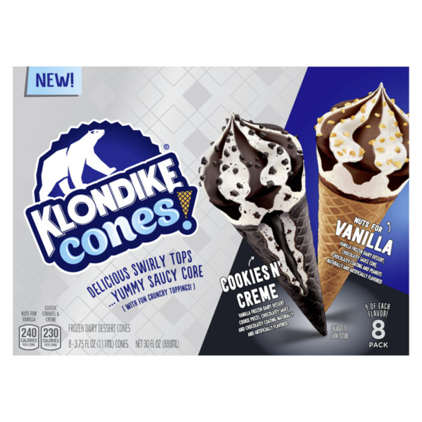 Ice Cream & Ice Klondike Frozen Dairy Dessert Cone Cookies 'N Cream & Nuts for Vanilla hero