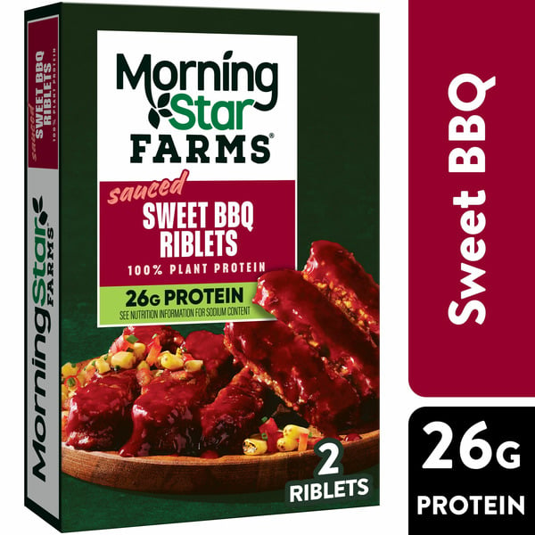 Vegetables, Vegan, & Vegetarian Morning Star Farms Meatless Sauced Riblets, Vegan Plant Based Protein, Frozen Meals, Sweet BBQ hero