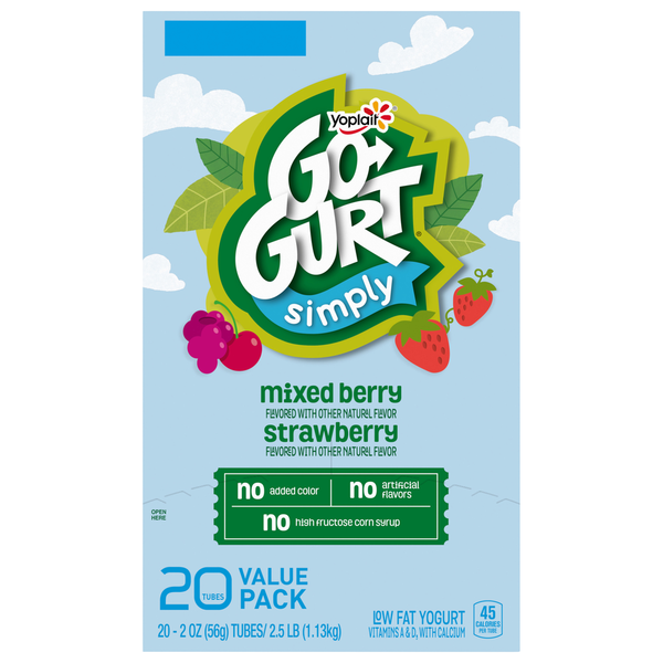 Yogurt Go-Gurt Yogurt, Low Fat, Strawberry, Mixed Berry, Value Pack hero