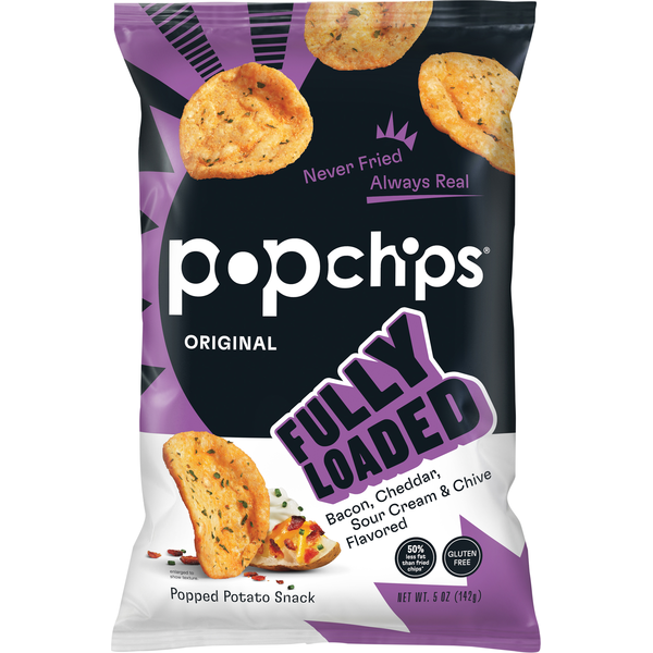 Chips & Pretzels popchips Potato Snack, Popped, Bacon, Cheddar, Sour Cream & Chive Flavored, Original, Fully Loaded hero