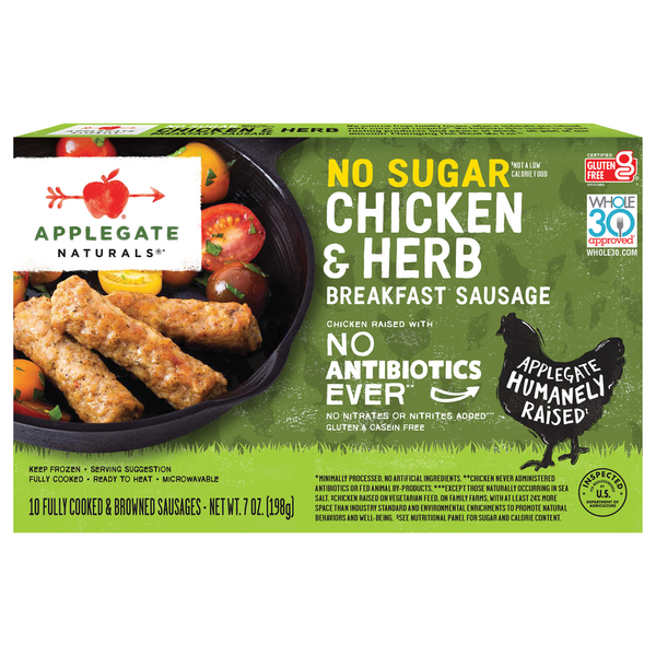 Hot Dogs, Bacon & Sausage Applegate Natural No Sugar Chicken & Herb Breakfast Sausage (Frozen) hero