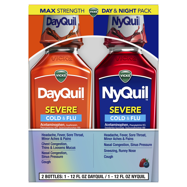 Cold, Flu & Allergy Vicks NyQuil and DayQuil SEVERE Cough, Cold & Flu Relief Liquid hero