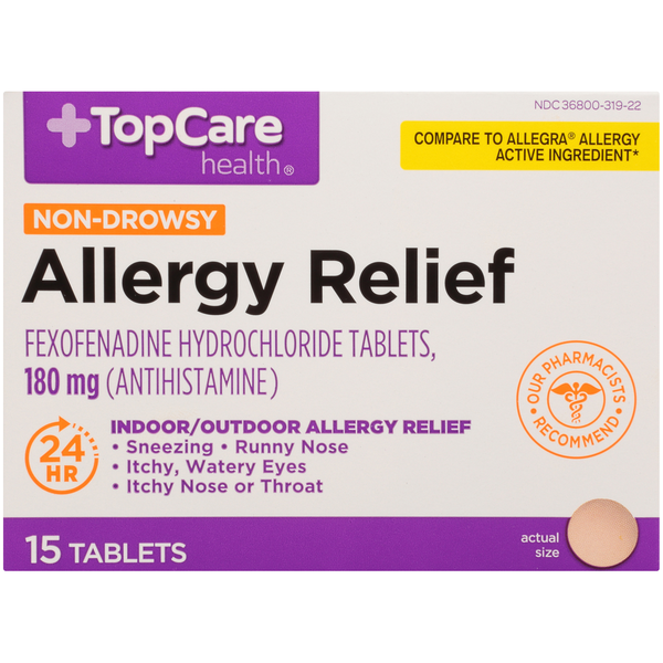 Cold, Flu & Allergy TopCare Indoor/Outdoor Allergy Relief Non-Drowsy Fexofenadine Hydrochloride 180 Mg (Antihistamine) Tablets hero