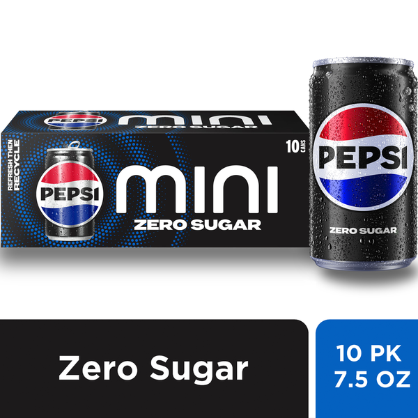 Soft Drinks Pepsi Zero Sugar Mini Soda Cola 7.5 Fl Oz 10 Count hero