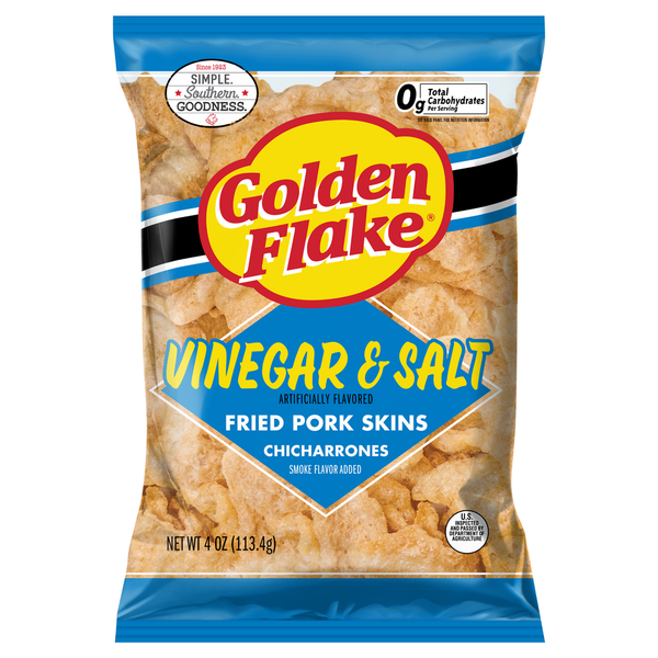 Golden Flake Chicharrones, Vinegar & Salt, Fried Pork Skins hero