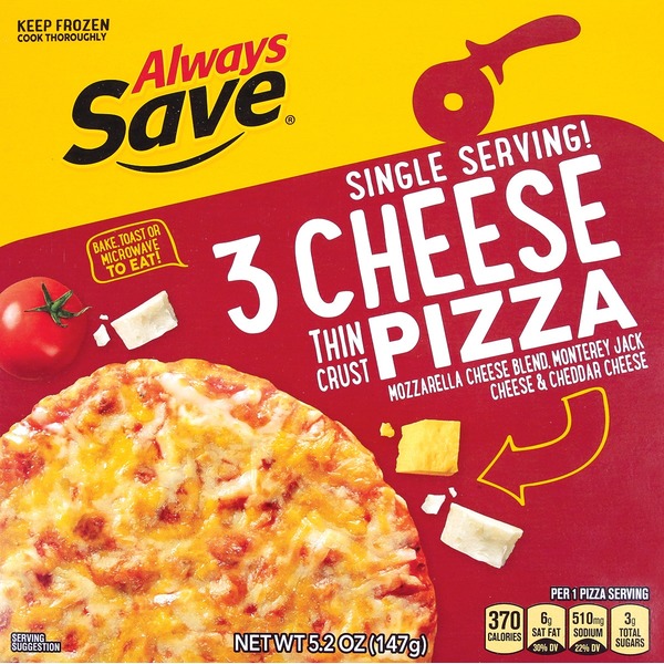 Frozen Pizza Always Save 3 Cheese Mozzarella, Monterey Jack & Cheddar Thin Crust Pizza hero