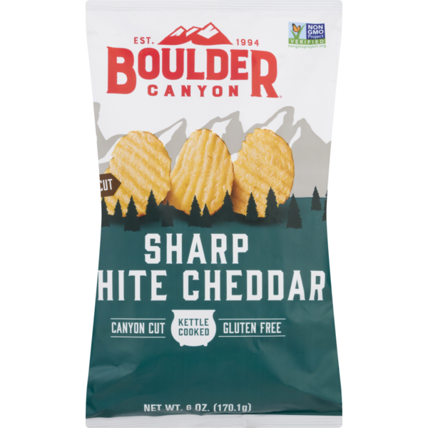 Chips & Pretzels Boulder Canyon Potato Chips, Kettle Cooked, Sharp White Cheddar, Canyon Cut hero