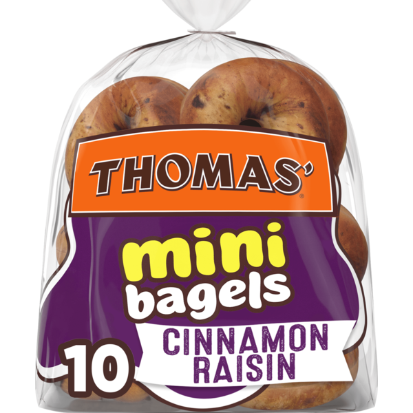 Breakfast Bakery Thomas’ 10 count, Cinnamon Raisin Pre-sliced Mini Bagels hero