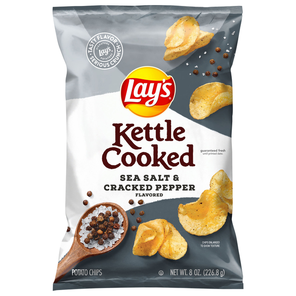 Chips & Pretzels Lay's Potato Chips, Kettle Cooked, Sea Salt & Cracked Pepper Flavored hero