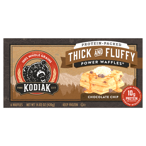 Kodiak Power Waffles, Chocolate Chip, Thick and Fluffy hero