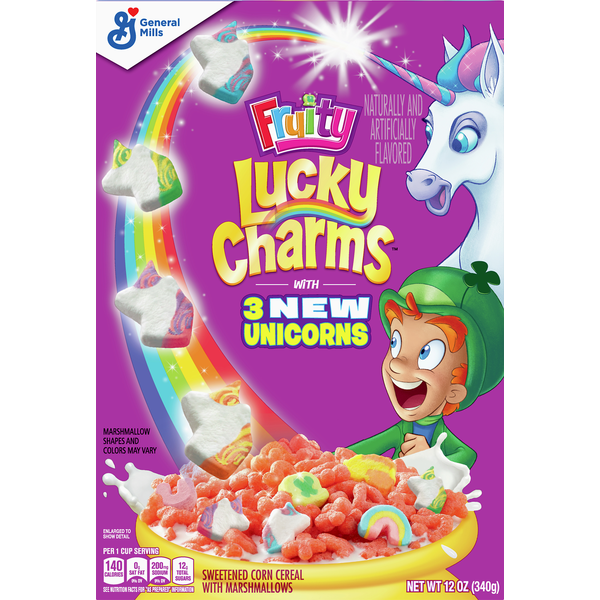 Cereal Lucky Charms Corn Cereal, Sweetened, with Marshmallows, 3 Unicorns hero