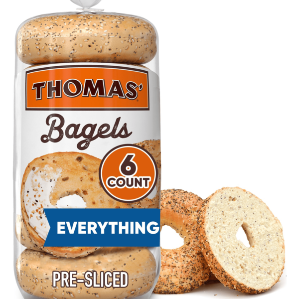 Breakfast Bakery Thomas’ 6 count, Everything Pre-sliced Bagels hero