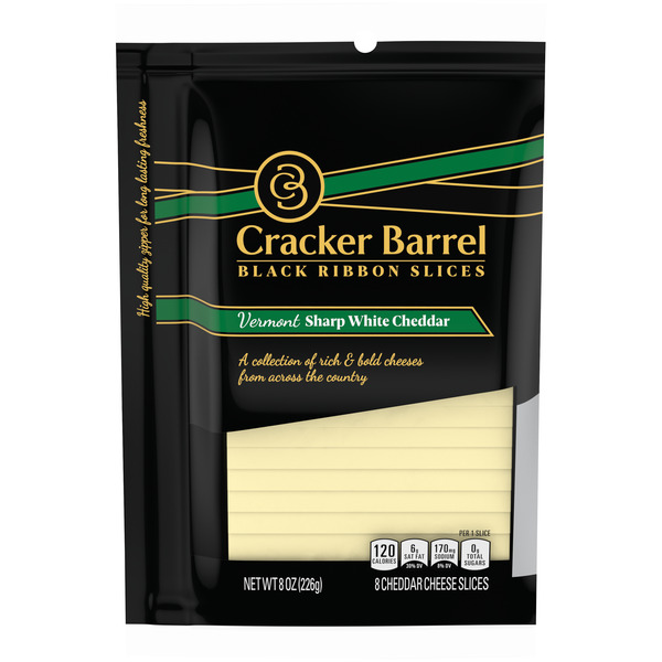 Cracker Barrel Black Ribbon Slices Vermont Sharp White Cheddar Cheese Slices, ct Pack hero