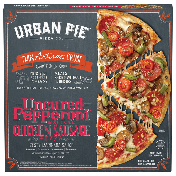 Frozen Pizza Urban Pie Pizza Co. Pizza, Thin Artisan Crust, Uncured Pepperoni & Sliced Chicken Sausage hero