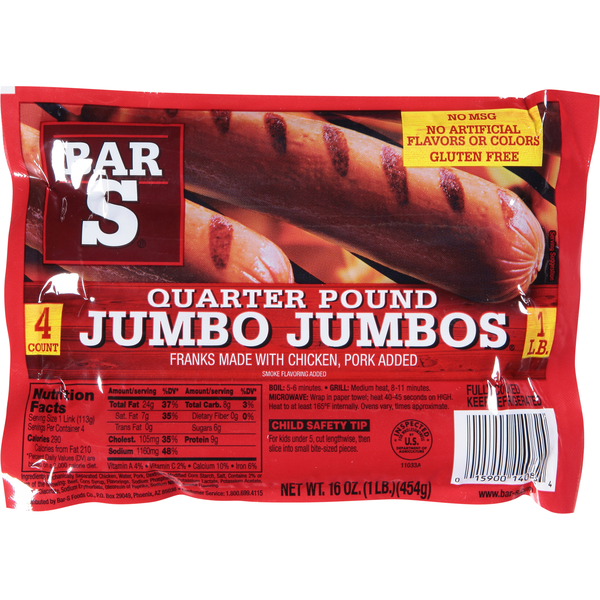 Hot Dogs, Bacon & Sausage Bar-S Franks, Quarter Pound, Jumbo Jumbos hero