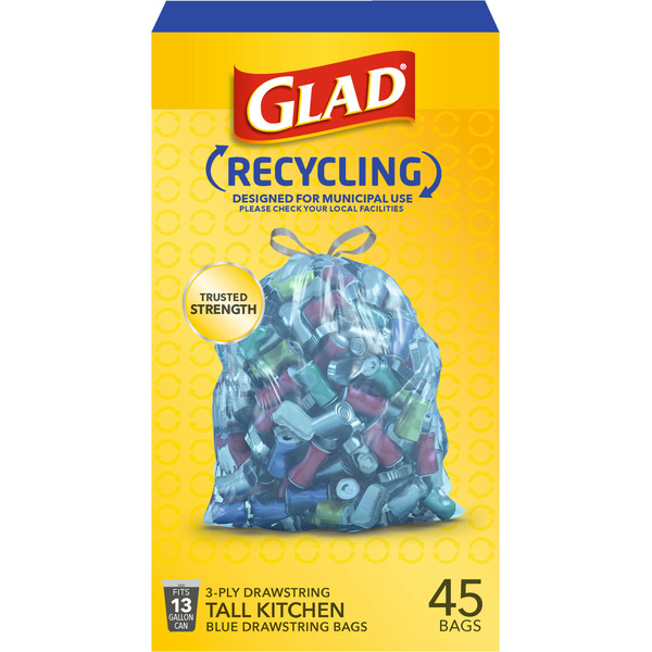 Trash Bags & Liners Glad Recycling Tall Drawstring Kitchen Trash Bags, Blue, 13 Gallon hero