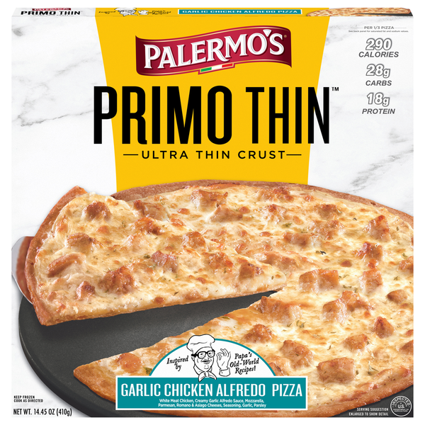 Frozen Meals Palermo's Primo Thin Pizza, Ultra Thin Crust, Garlic Chicken Alfredo hero