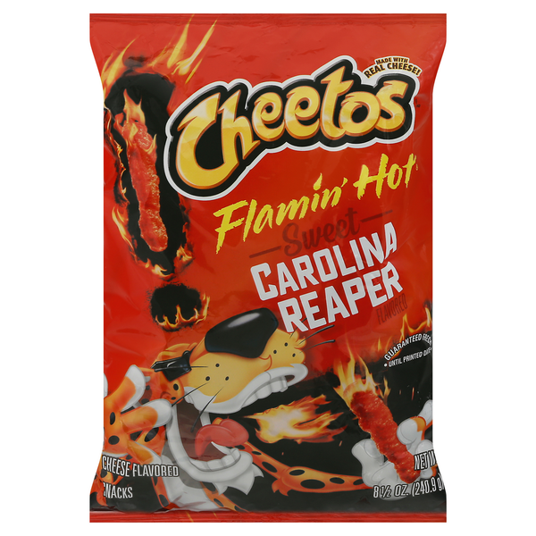 Cheetos Cheese Flavored Snacks, Flamin' Hot Sweet Carolina Reaper Flavored hero