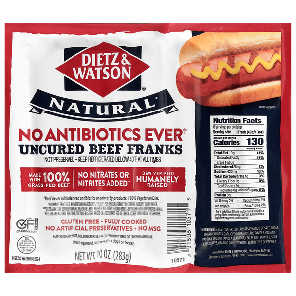 Hot Dogs, Bacon & Sausage Dietz & Watson Beef Franks, Uncured, Natural hero