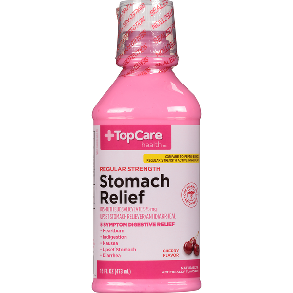 Digestion TopCare Regular Strength Stomach Relief Bismuth Subsalicylate 525 Mg Upset Stomach Reliever/Antidiarrheal Liquid, Cherry hero