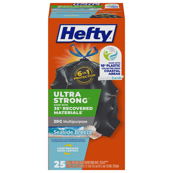 Trash Bags & Liners Hefty Trash Bags, Drawstring, Seaside Breeze, 30 Gallon, Large hero