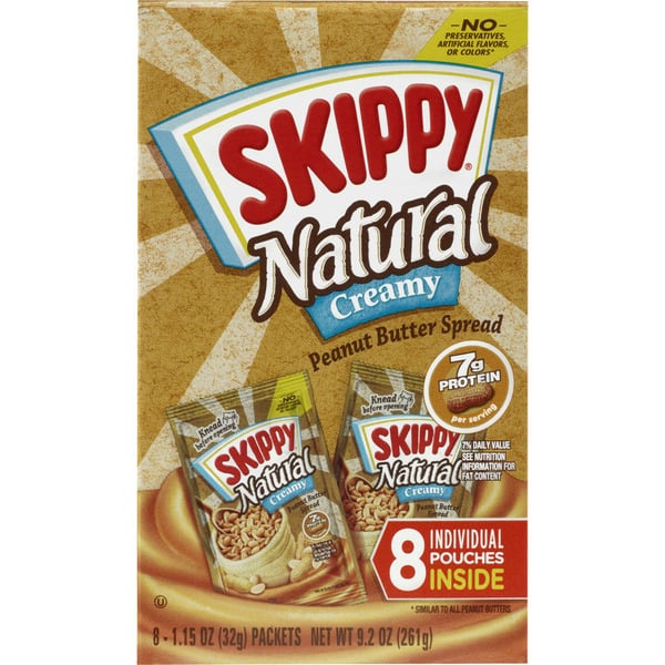 Preserved Dips & Spreads SKIPPY Natural Peanut Butter Spread Individual Squeeze Pack Carton, 8/1.15 Oz. hero