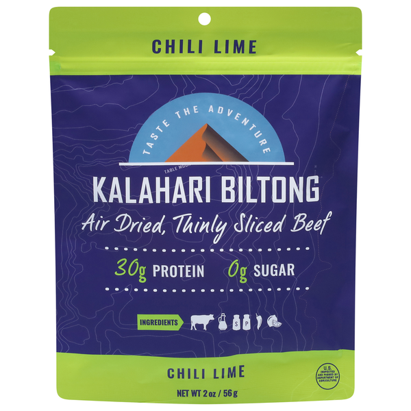 Packaged Meat Kalahari Snacks Beef, Thinly Sliced, Air Dried, Chili Lime hero