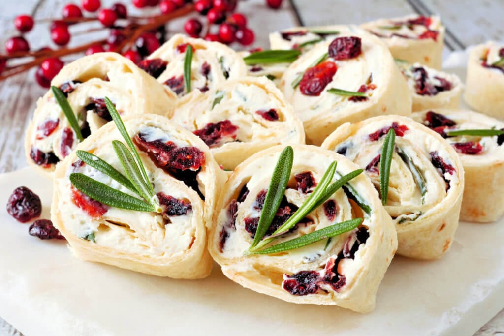 Cranberry, cream cheese pinwheel appetizers, close up