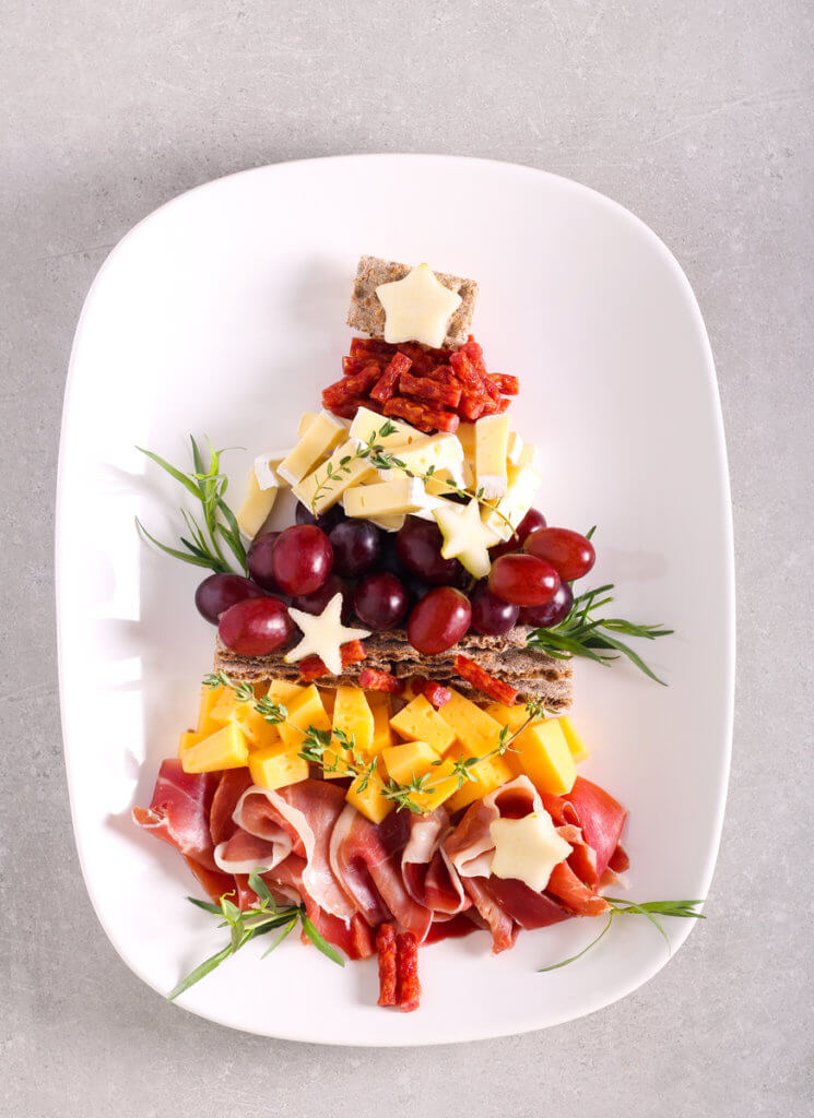 Christmas snack plate – assortment of different cheese, meat and fruits