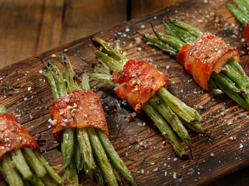 Bacon Wrapped Green Beans roasted with a Brown Sugar, Butter Glaze and Salt and Pepper