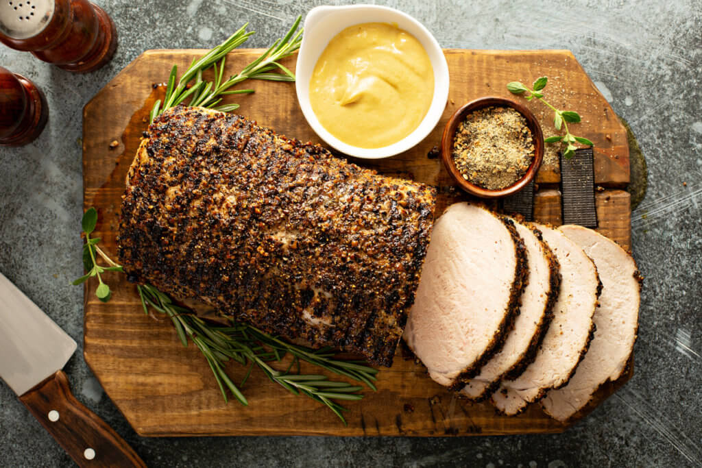 Roasted pork loin with a spice rub and mustard