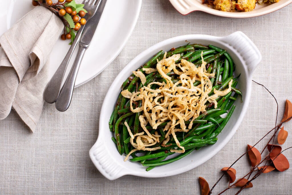 Traditional side dish, green beans casserole with onions