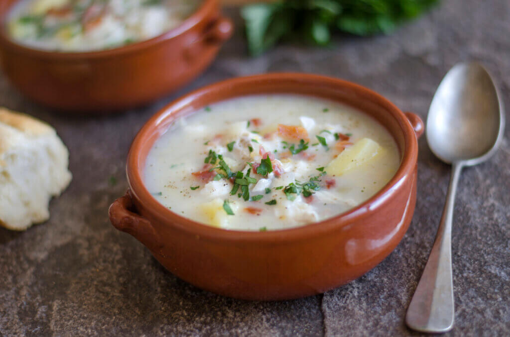 Smoked haddock chowder topped with crispy bacon