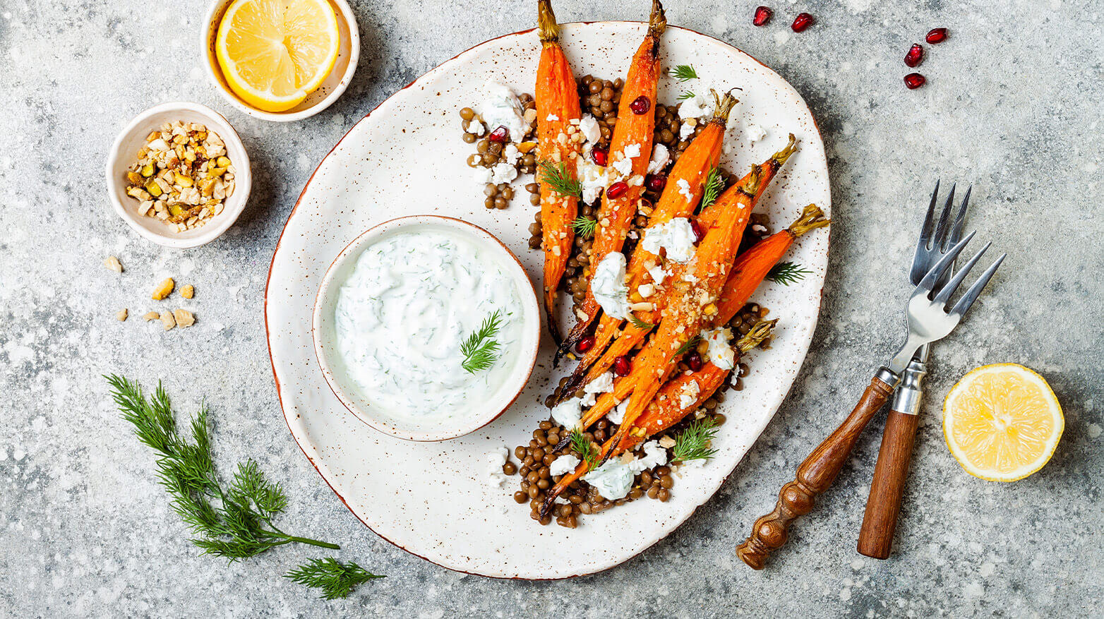 Roasted carrots with a side of tzatziki dip