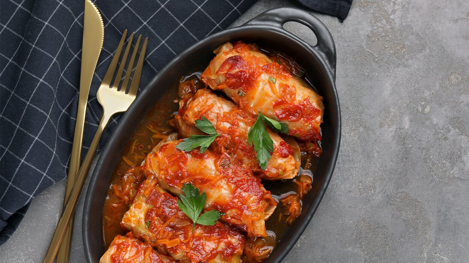 Casserole dish with stuffed cabbage rolls