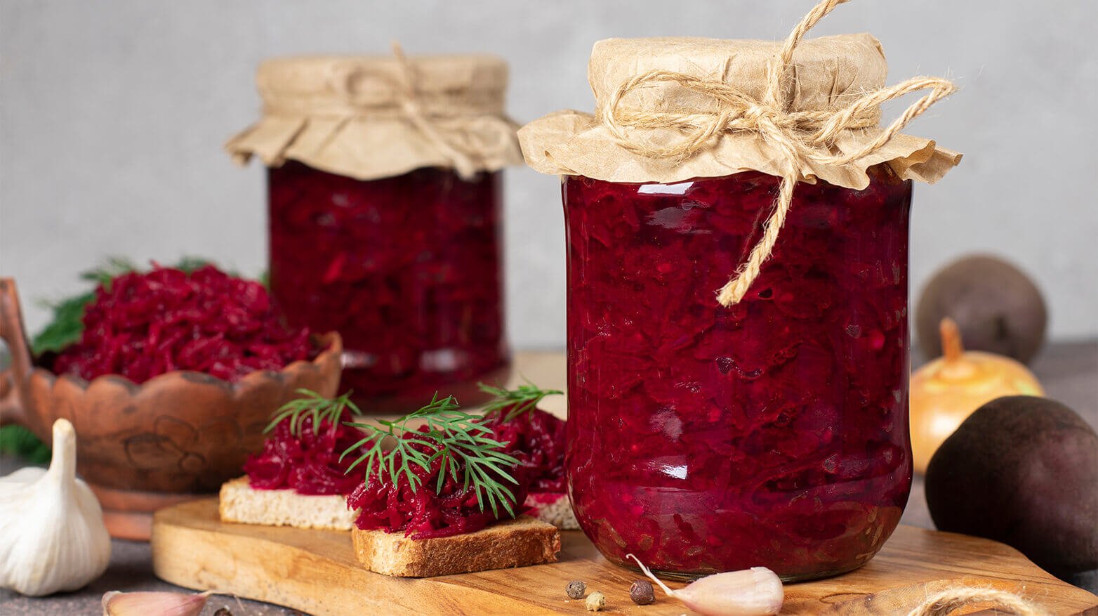 Glass jars filled with pickled beets