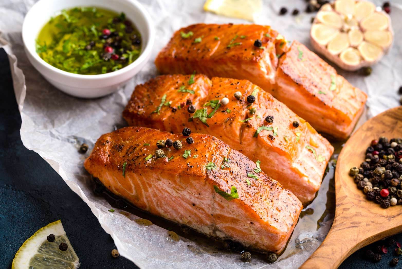 Close up of a delectible garlic roasted salmon