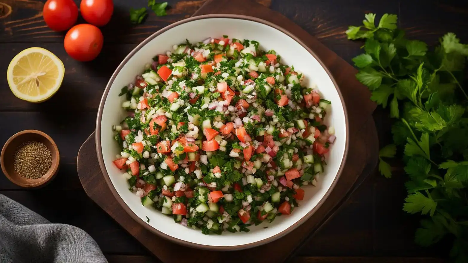 large white bowl of Mediterranean tabbouleh