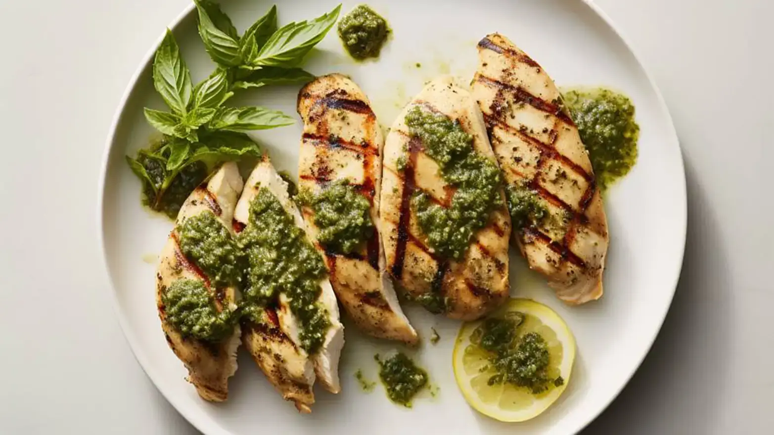 pesto chicken on white plate