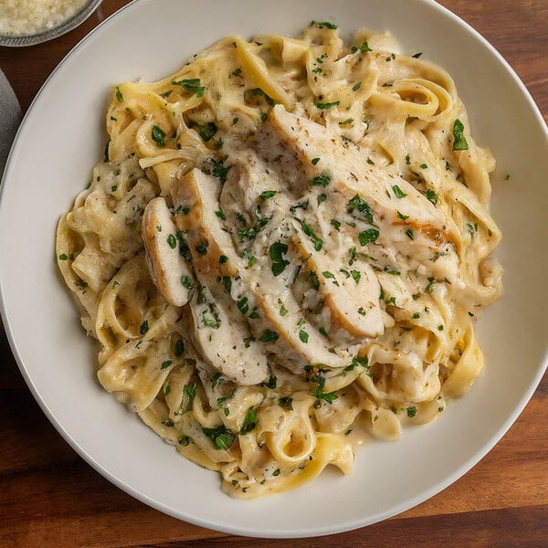 plate of canned chicken afredo pasta