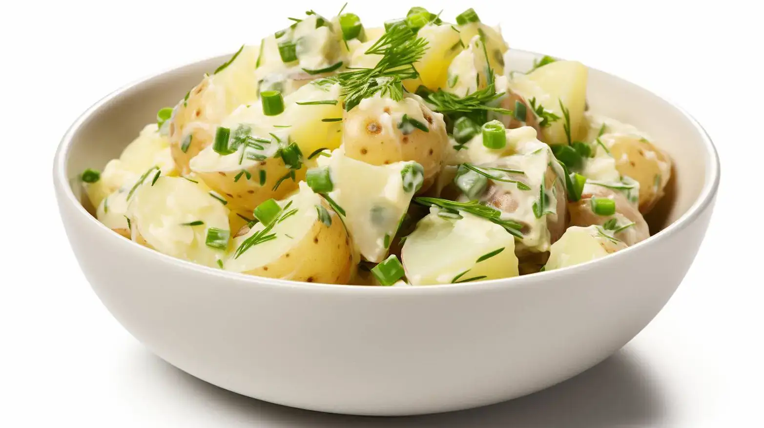 classic potato salad in large white bowl