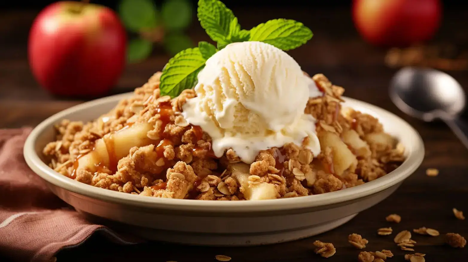 apple crisp topped with vanilla ice cream