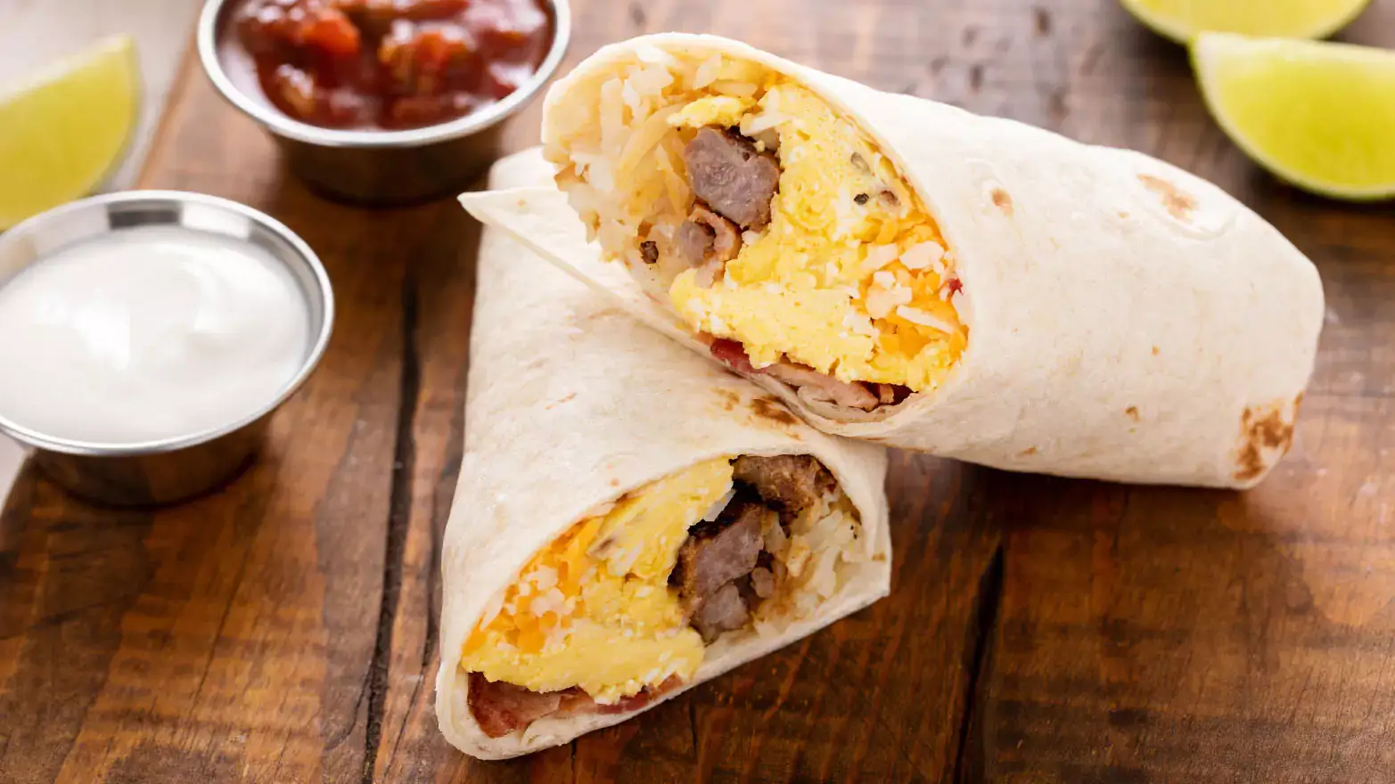 Sausage, egg and cheese breakfast burrito cut in half 