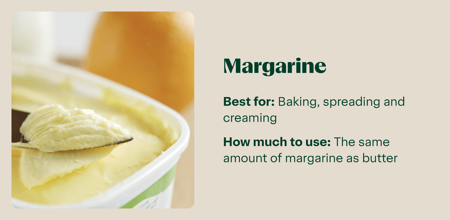 A tub of yellow margarine  (butter substitute) with a lid has a knife scooping out a spoonful, suitable for baking, spreading, and creaming.



