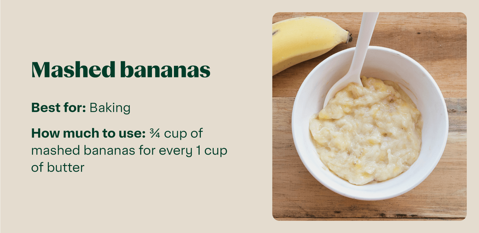 Mashed bananas in a bowl, suitable for baking as a butter substitute.
